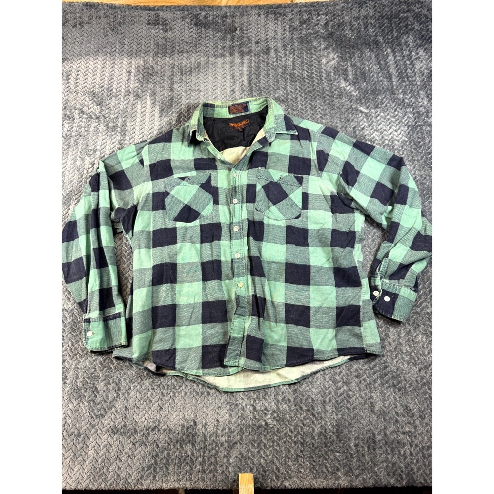 Woodland Flannel Shirt Men Extra Large Green Blue Buffalo Check Cotton Button Up
